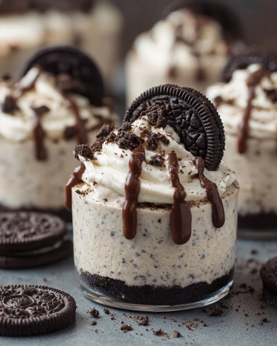 Oreo cheesecake no-bake cups served with cookie crumbles on top