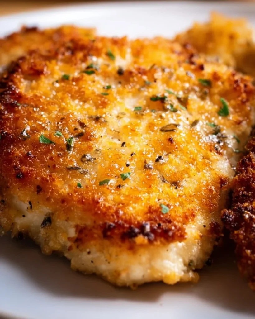 Deliciously baked Parmesan Crusted Chicken garnished with herbs.