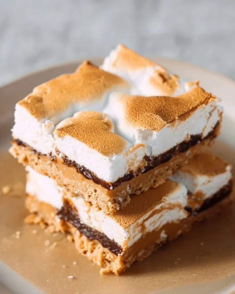 Delicious peanut butter marshmallow bars stacked on a plate