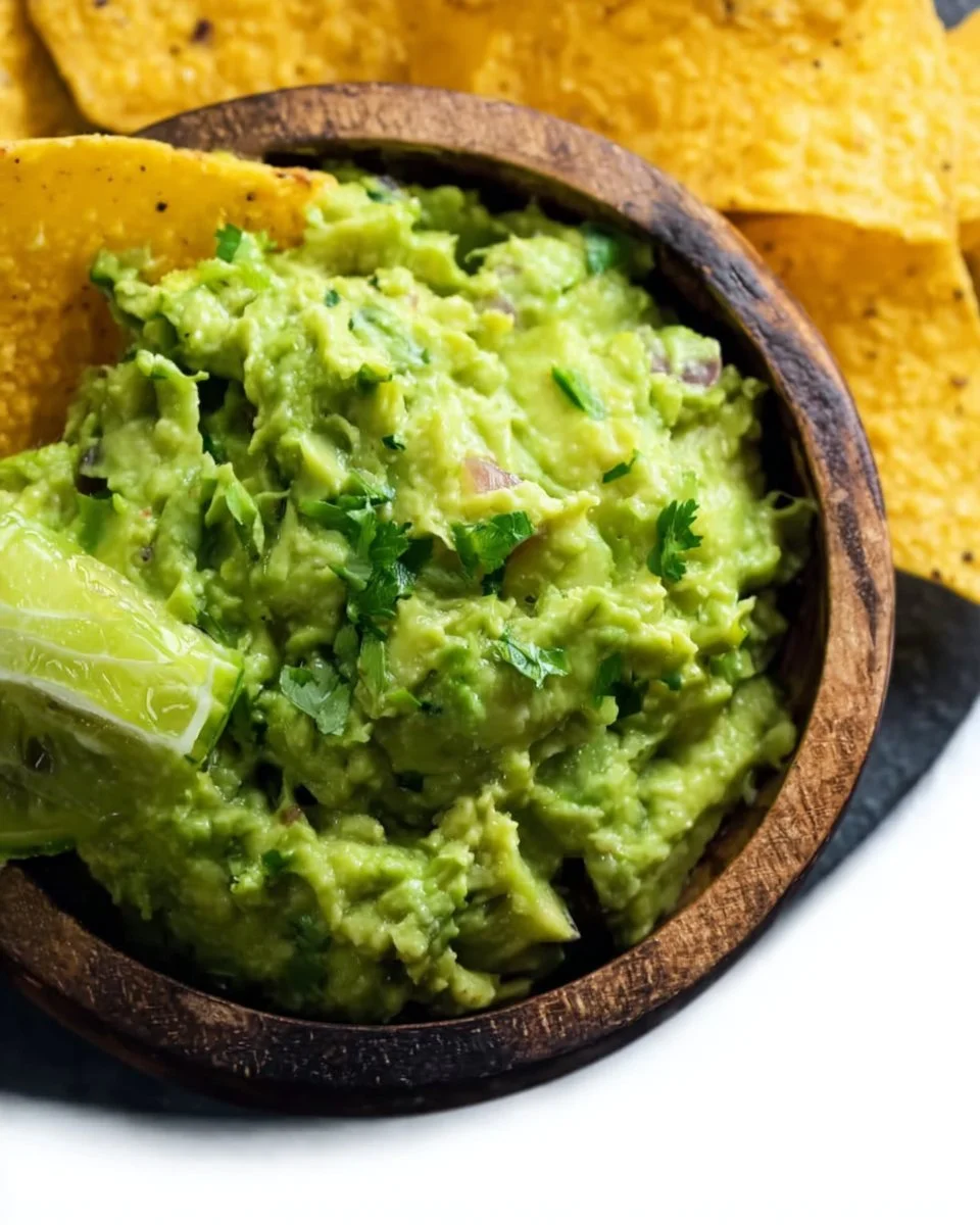 Bowl of perfect guacamole with fresh ingredients and lime slices