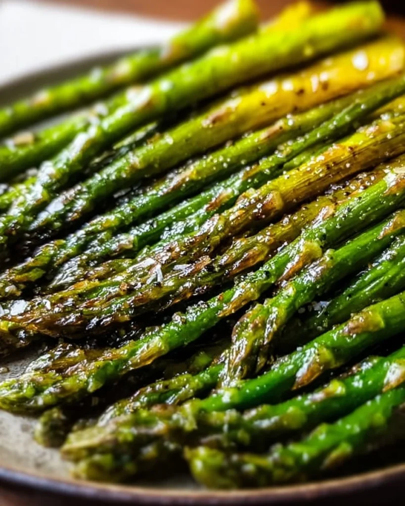 Plate of perfect oven roasted asparagus drizzled with olive oil and seasoning