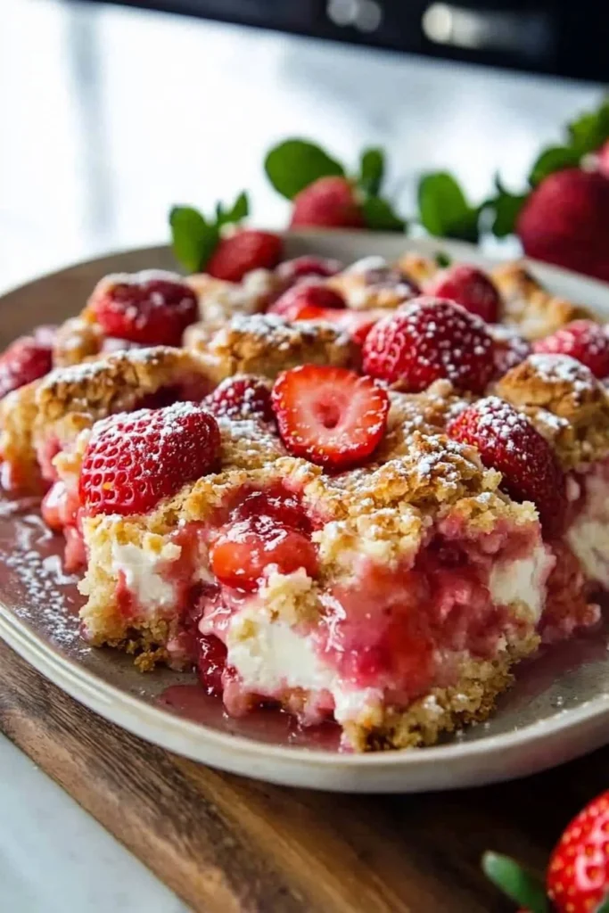 Delicious strawberry cream cheese cobbler served in a dish with fresh strawberries.