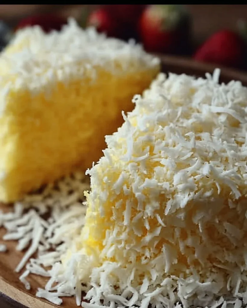 Delicious Pineapple Coconut Cake topped with coconut flakes and pineapples