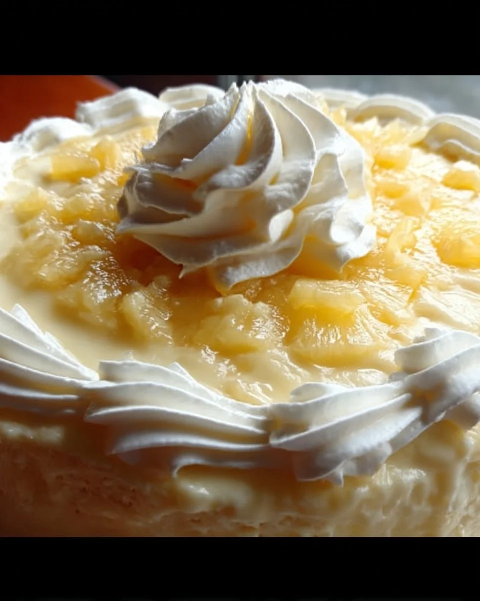 A slice of Pineapple Dream Cake topped with creamy icing and pineapple chunks