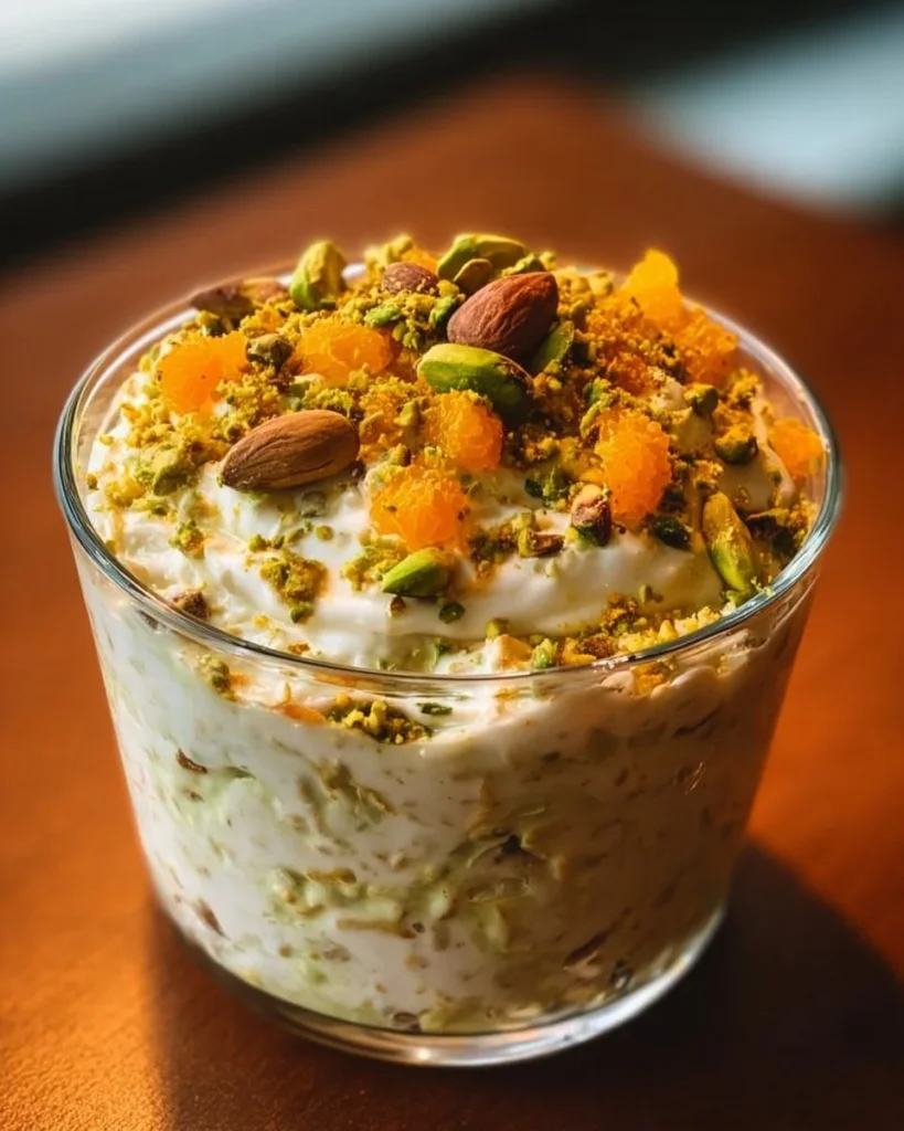 Bowl of Pistachio Orange Blossom Overnight Oats with fresh ingredients