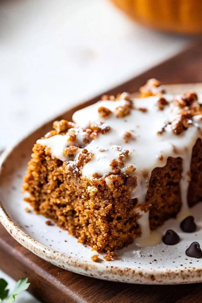 Sliced pumpkin coffee cake on a plate with coffee cup in the background.