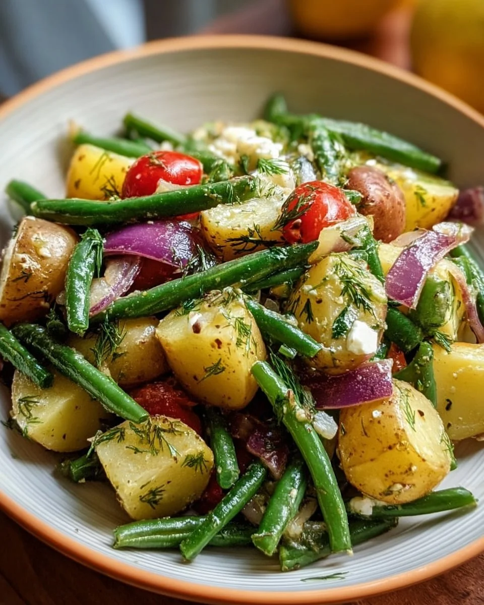 Quick Greek potato salad with fresh green beans and herbs