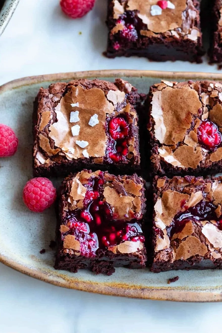 Delicious Raspberry Brownies topped with fresh raspberries and chocolate drizzle