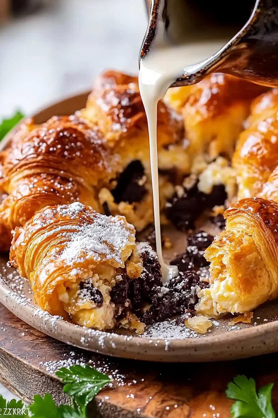 Delicious rich sweet croissant breakfast casserole served in a baking dish.