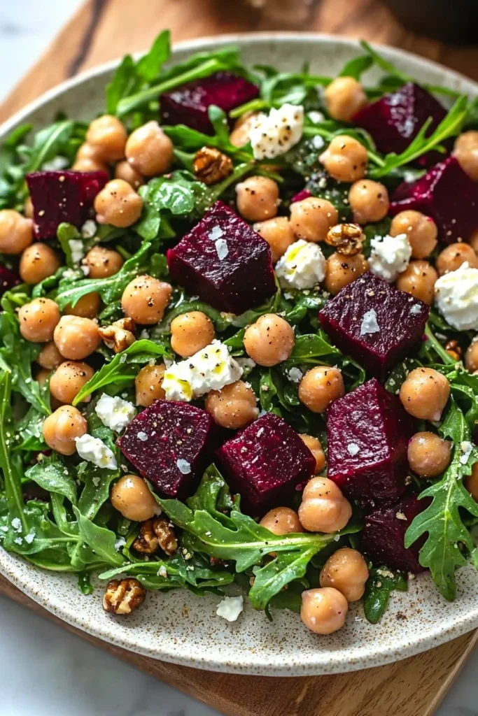 Roasted Beet & Arugula Chickpea Salad with vibrant colors and fresh ingredients