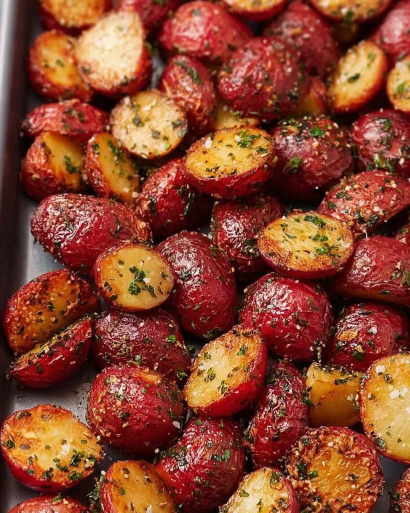 Plate of roasted red potatoes seasoned with herbs and spices