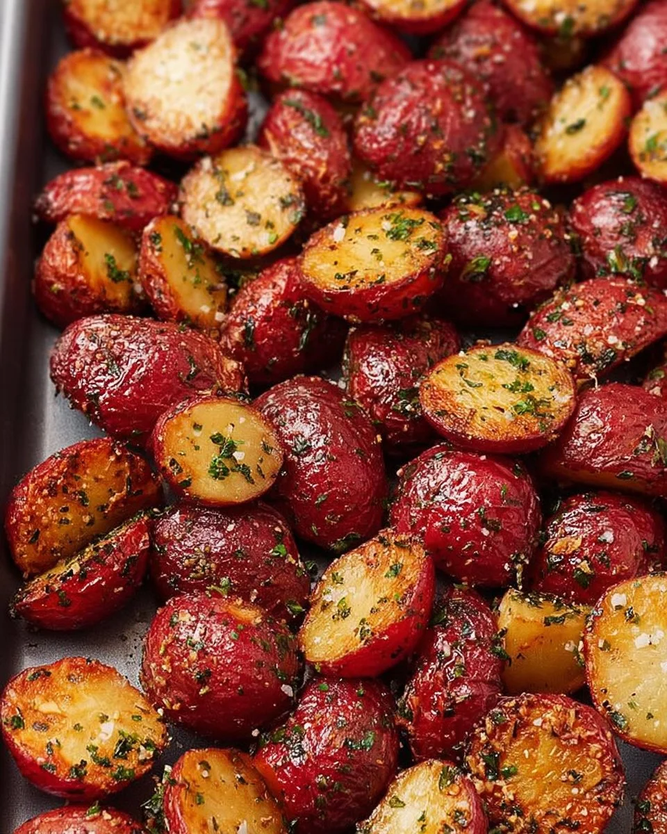 Plate of roasted red potatoes seasoned with herbs and spices