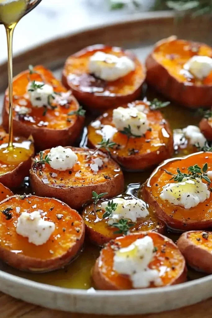 Roasted sweet potatoes drizzled with honey and topped with goat cheese