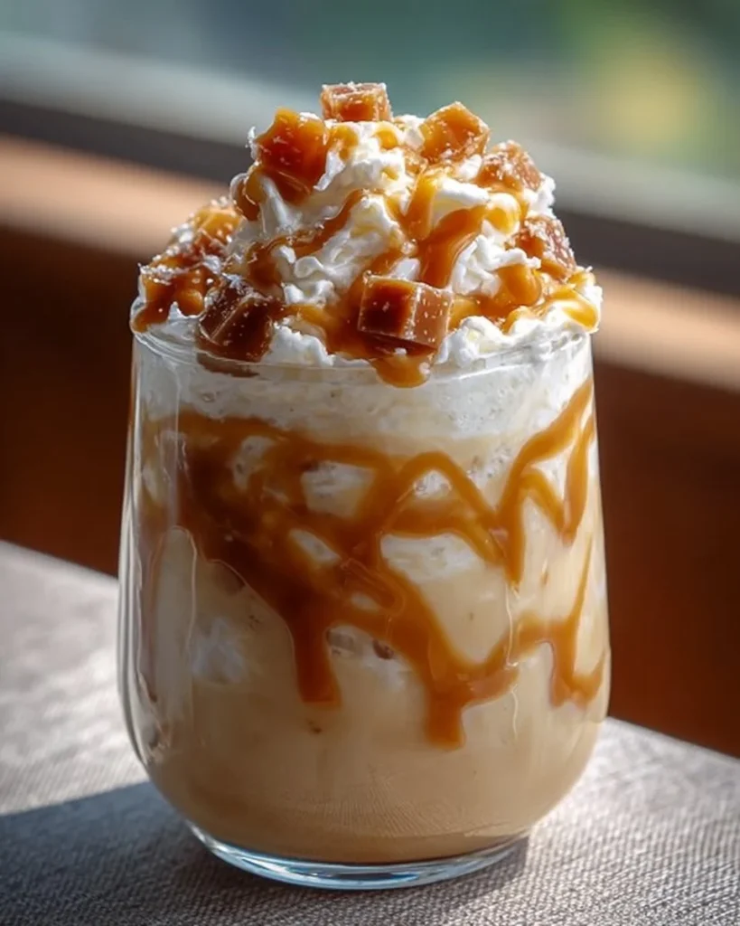 Delicious salted caramel milkshake topped with whipped cream and caramel drizzle