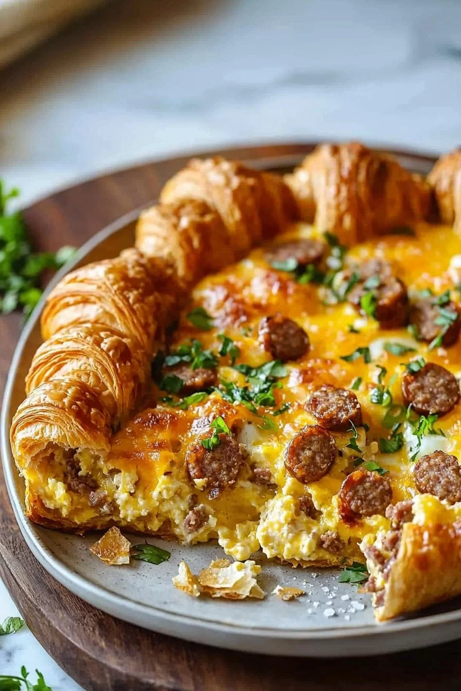 Sausage croissant breakfast casserole served in a baking dish with fresh herbs.
