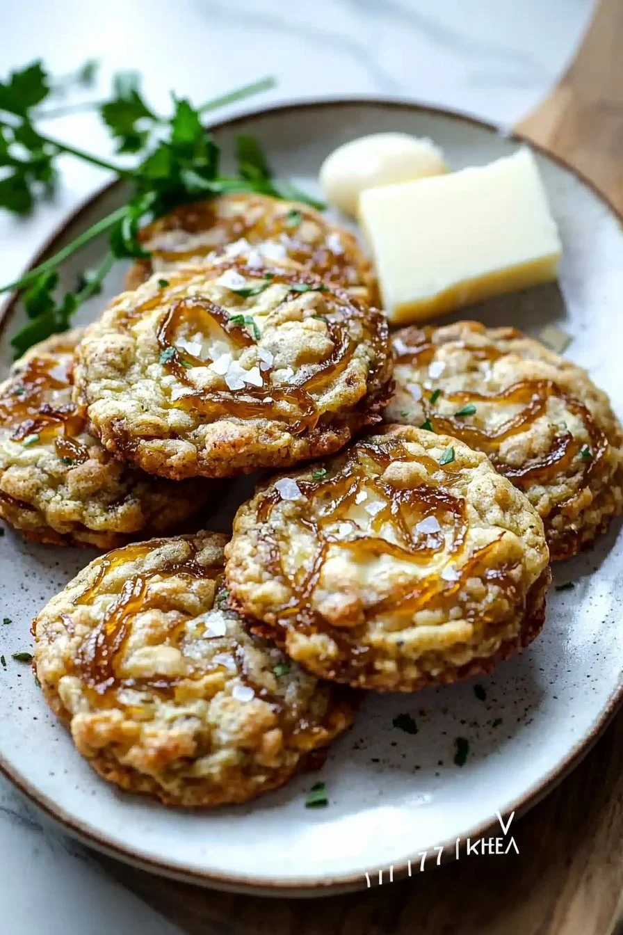 Savory cookies with caramelized onions and Comté cheese on a rustic platter.
