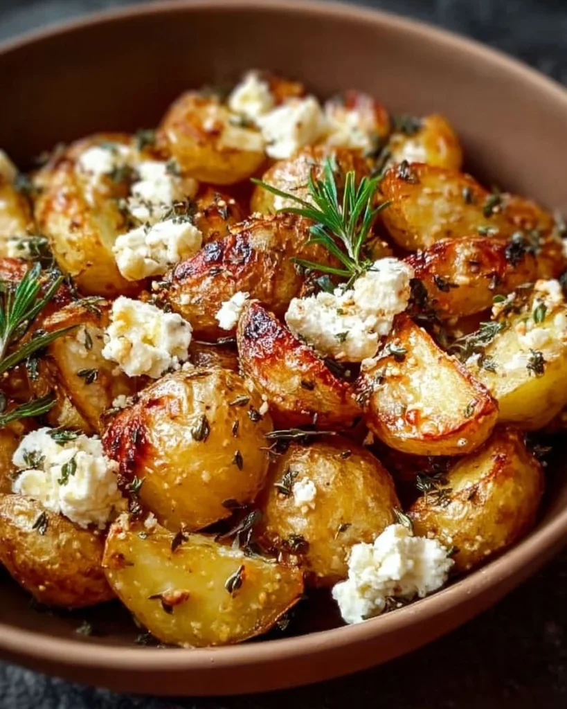 Savory garlic roasted potatoes topped with feta cheese, served as a delicious side dish
