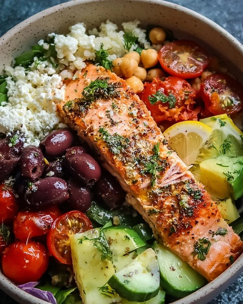 Savory Mediterranean Salmon Bowl with fresh vegetables and grains
