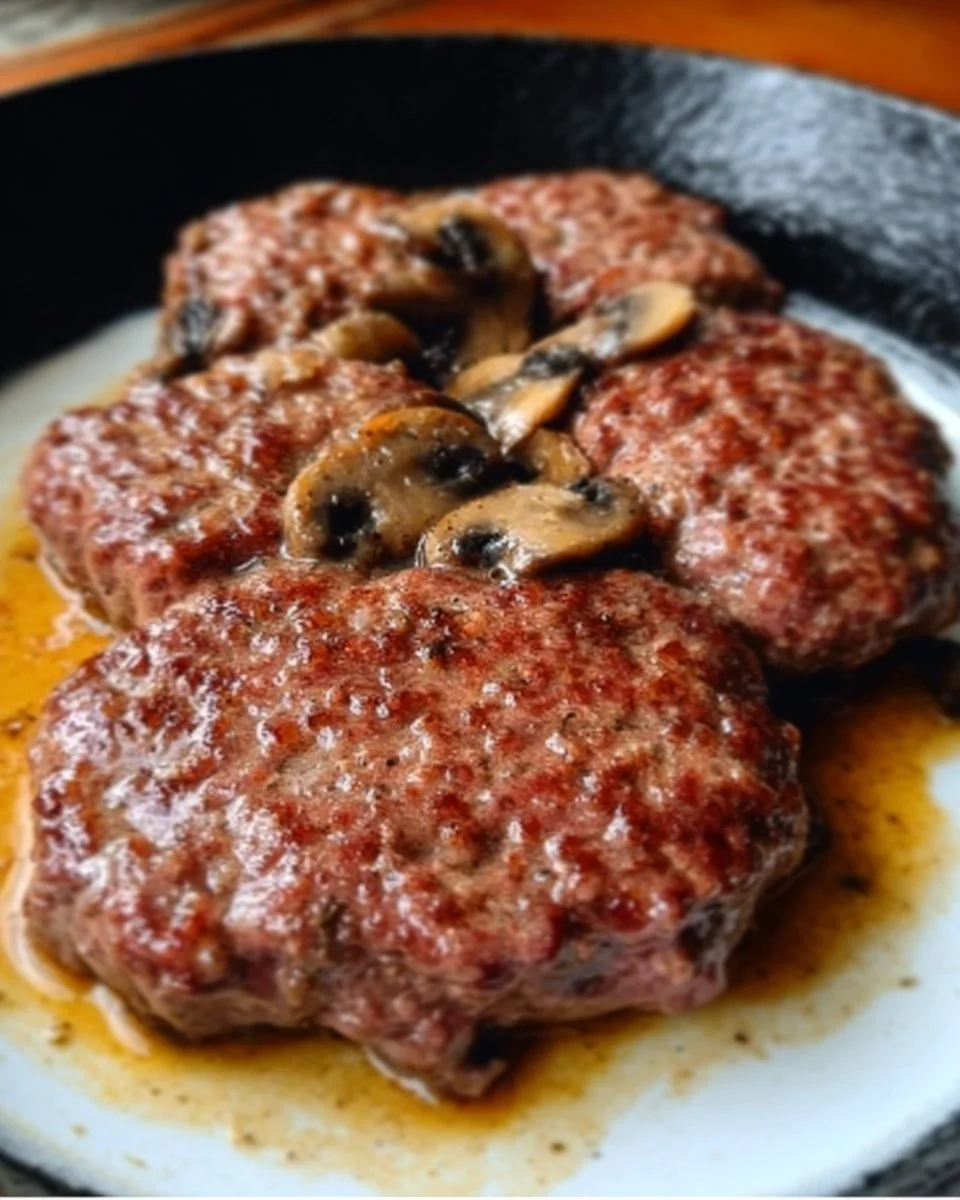 Savory smothered beef steak topped with mushrooms and herbs