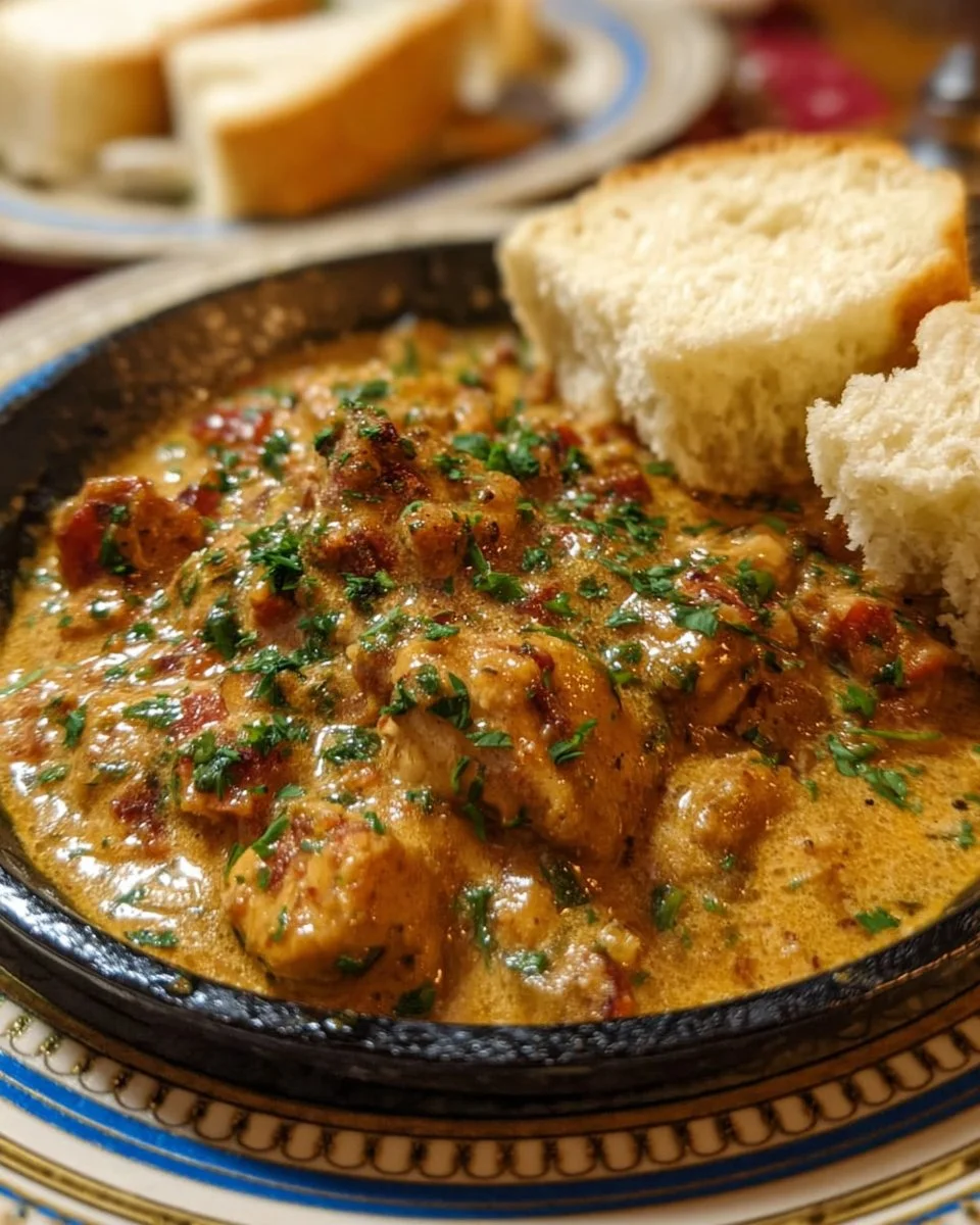 Delicious chicken étouffée served with rice, showcasing Southern cooking traditions.