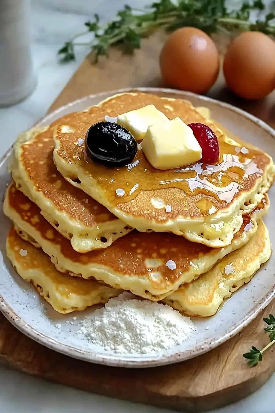 Delicious sheet pan pancakes served with syrup and berries on a platter.