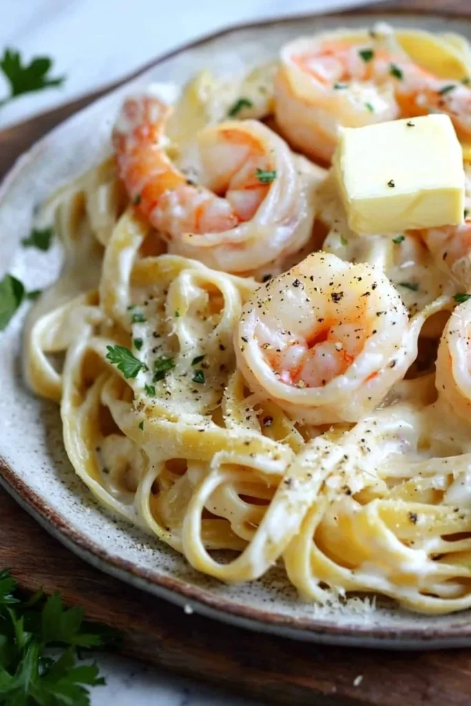 Creamy Shrimp Alfredo pasta dish garnished with parsley and served in a bowl.
