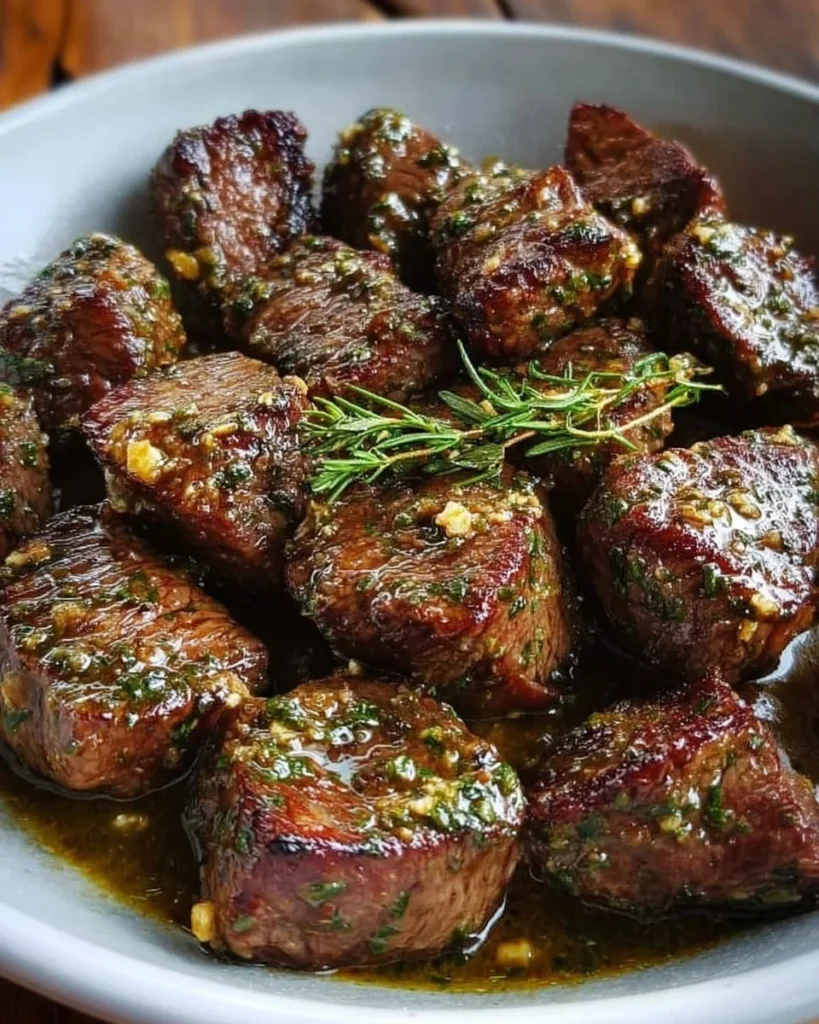 Delicious Cowboy Butter Steak Bites sizzling on a grill with herbs and spices.