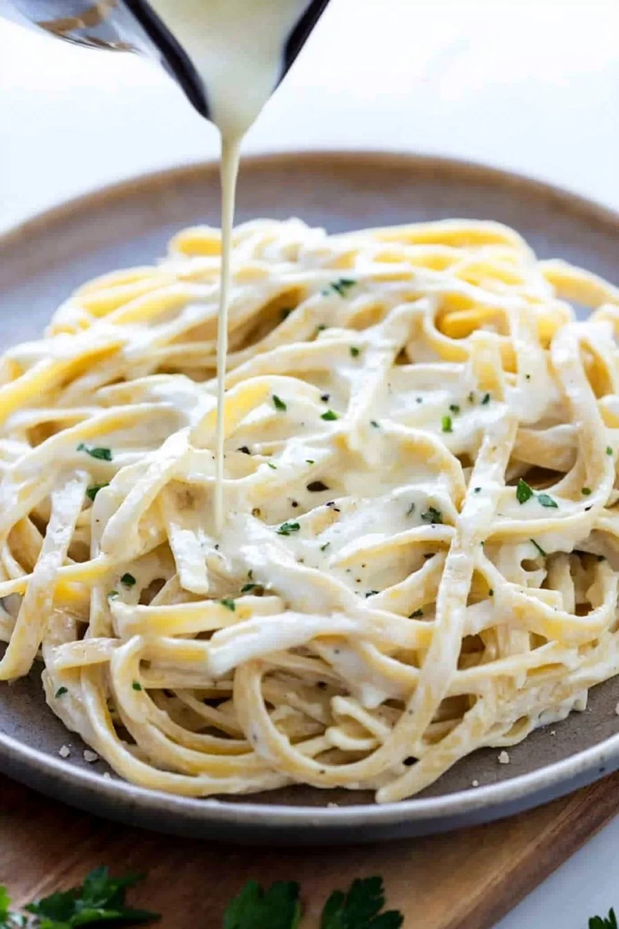Skinny Fettuccine Alfredo dish served in a bowl with parsley garnish.