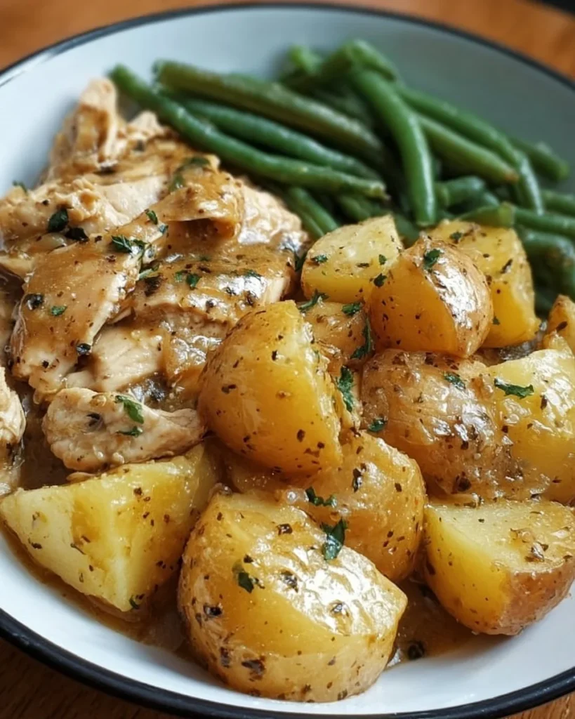 Slow Cooker Chicken and Potatoes with Green Beans dish ready to serve