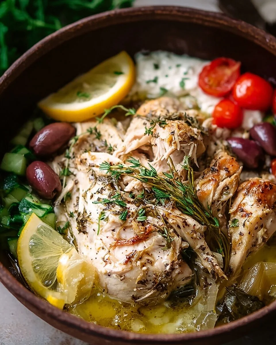 Slow Cooker Greek Chicken dish with vibrant herbs and spices