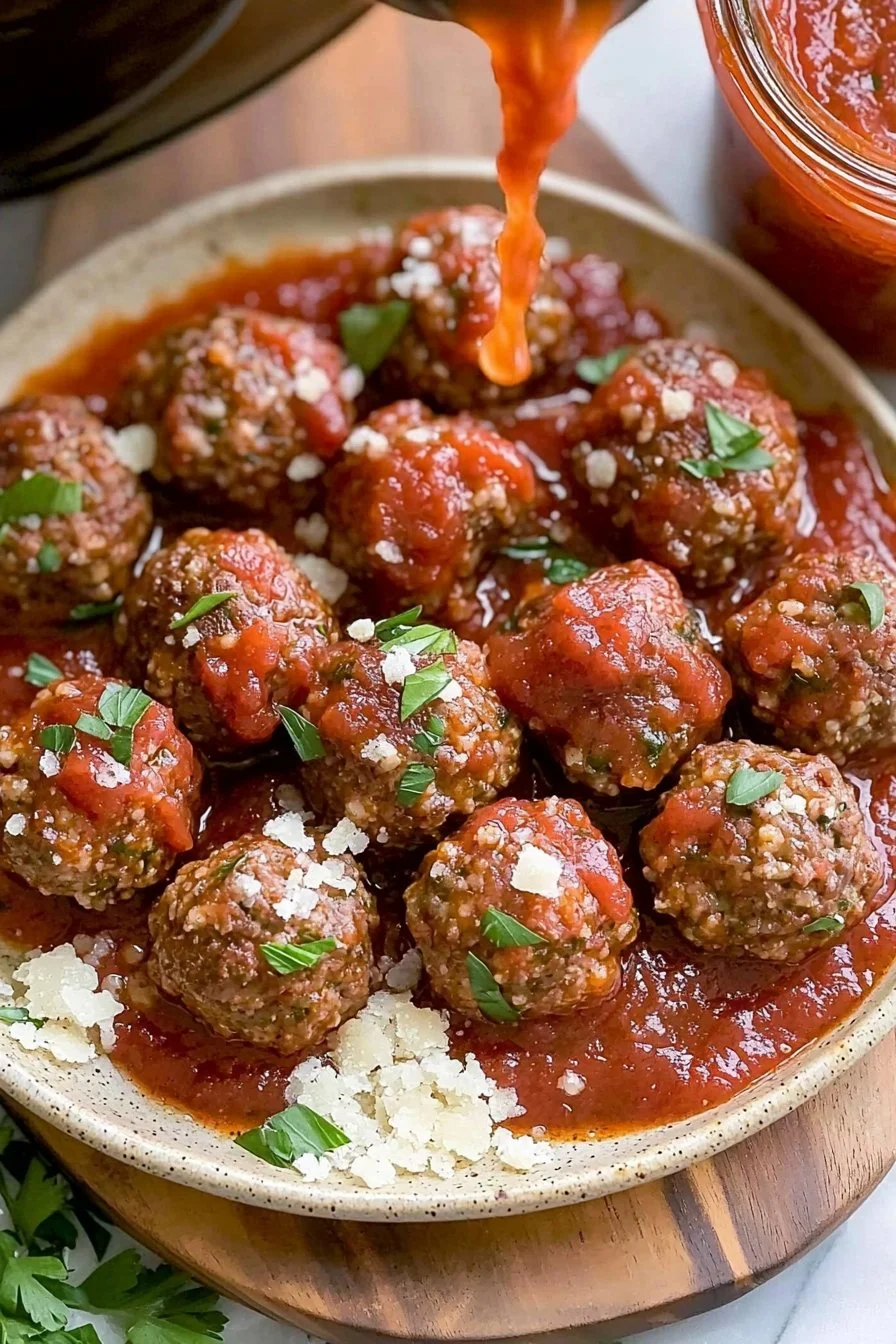 Delicious Slow Cooker Italian beef meatballs in marinara sauce