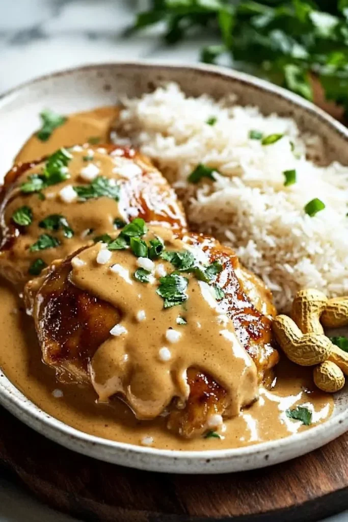 Slow Cooker Peanut Chicken served with rice and vegetables