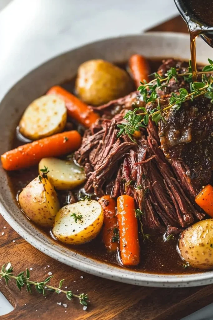 Delicious slow cooker pot roast with vegetables in a rich gravy