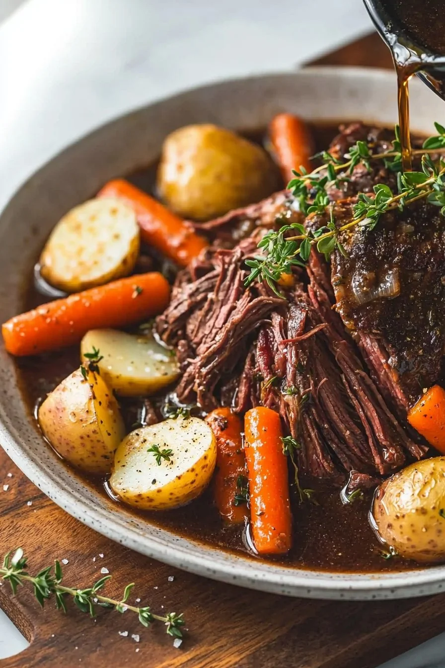 Delicious slow cooker pot roast with vegetables in a rich gravy