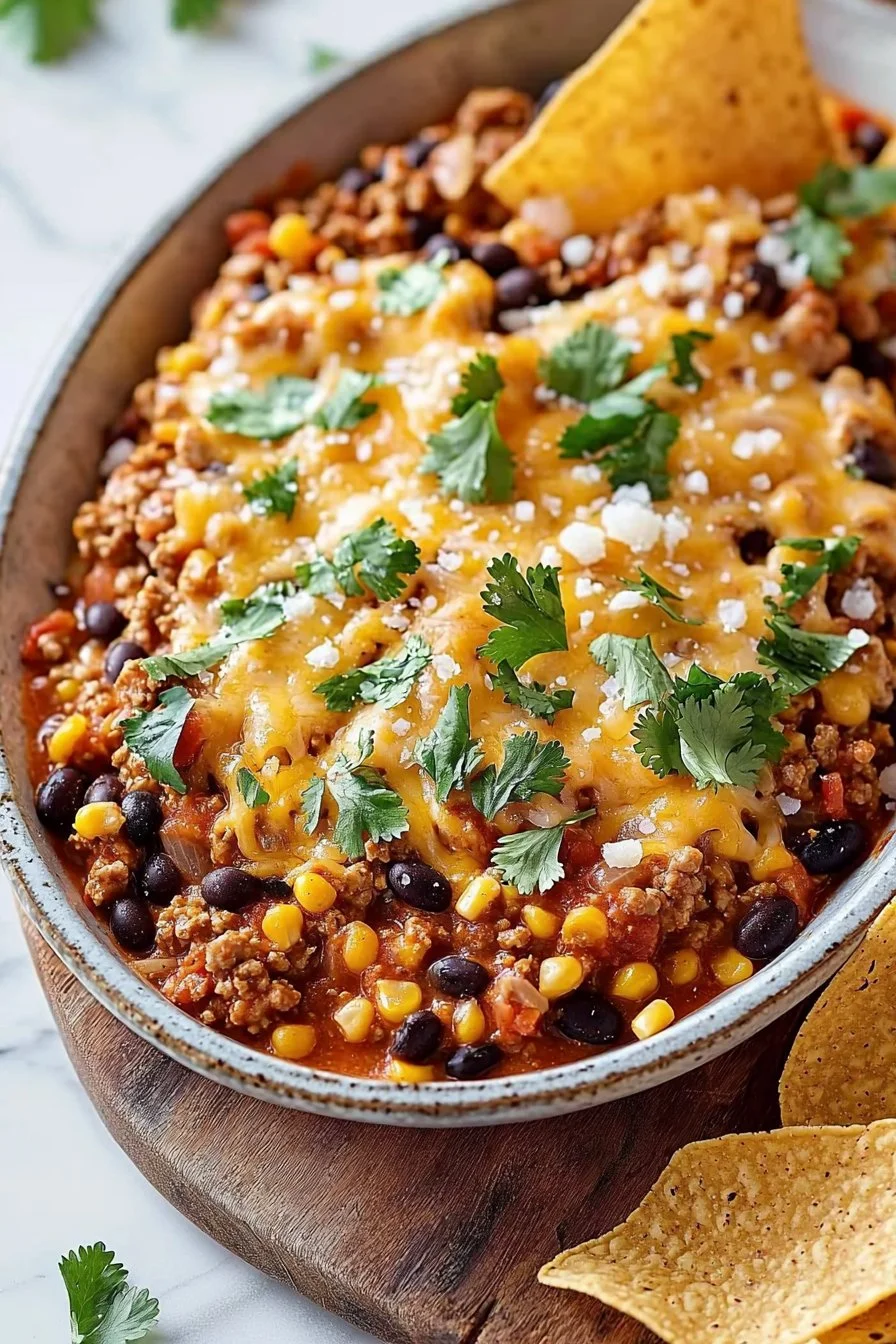 Delicious Southwestern Ground Turkey Casserole topped with cheese and veggies