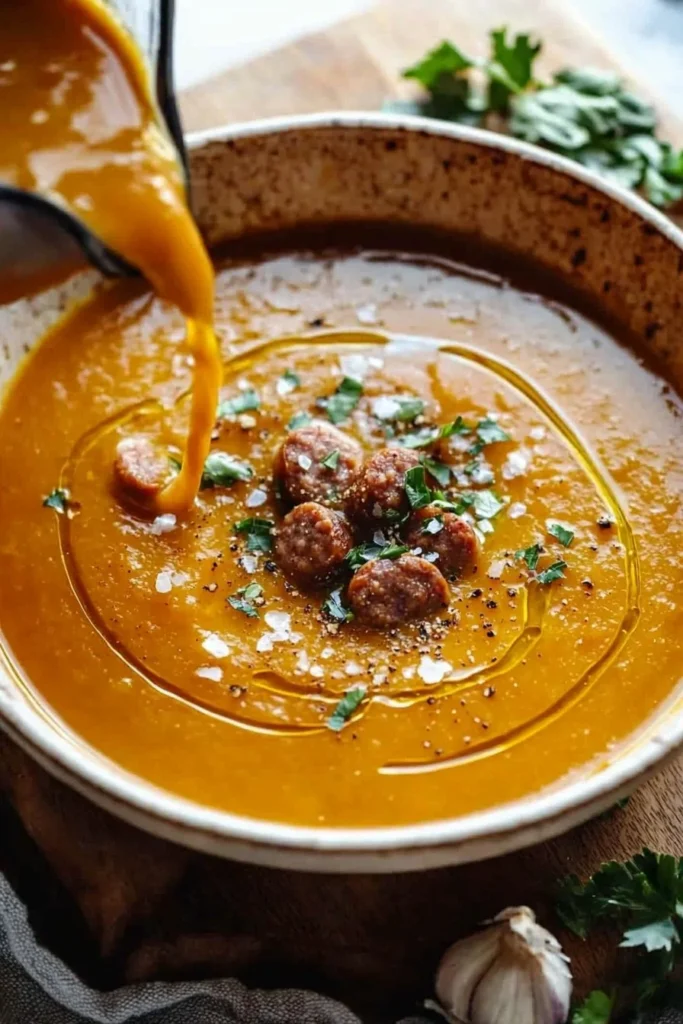 Bowl of spicy beef sausage pumpkin soup garnished with herbs