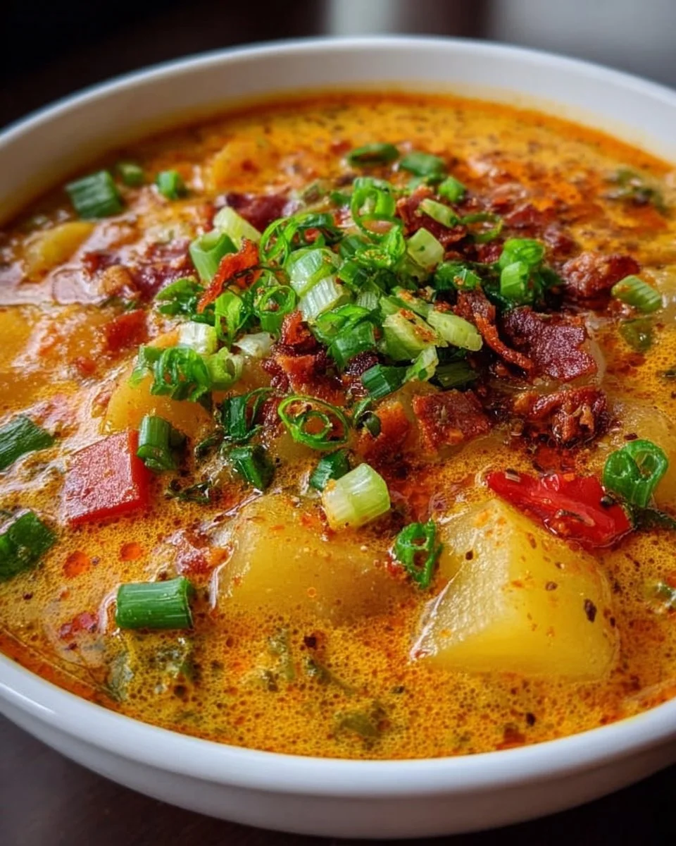 Bowl of spicy Cajun potato soup garnished with herbs and served with bread.