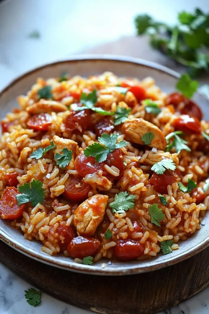 Spicy Chicken Rice with Tomato served on a plate garnished with fresh herbs