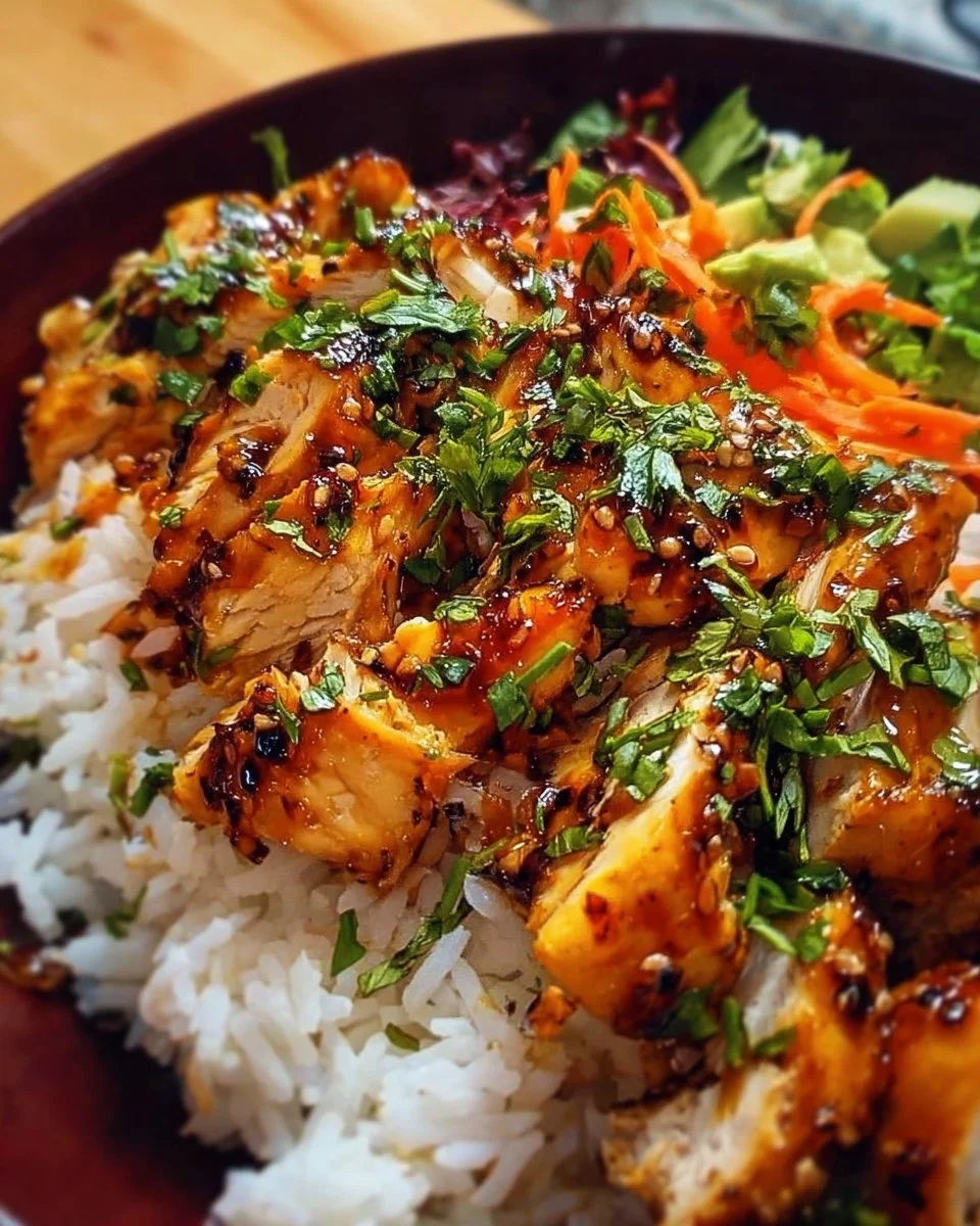 Delicious spicy maple chicken served on a plate with coconut rice.