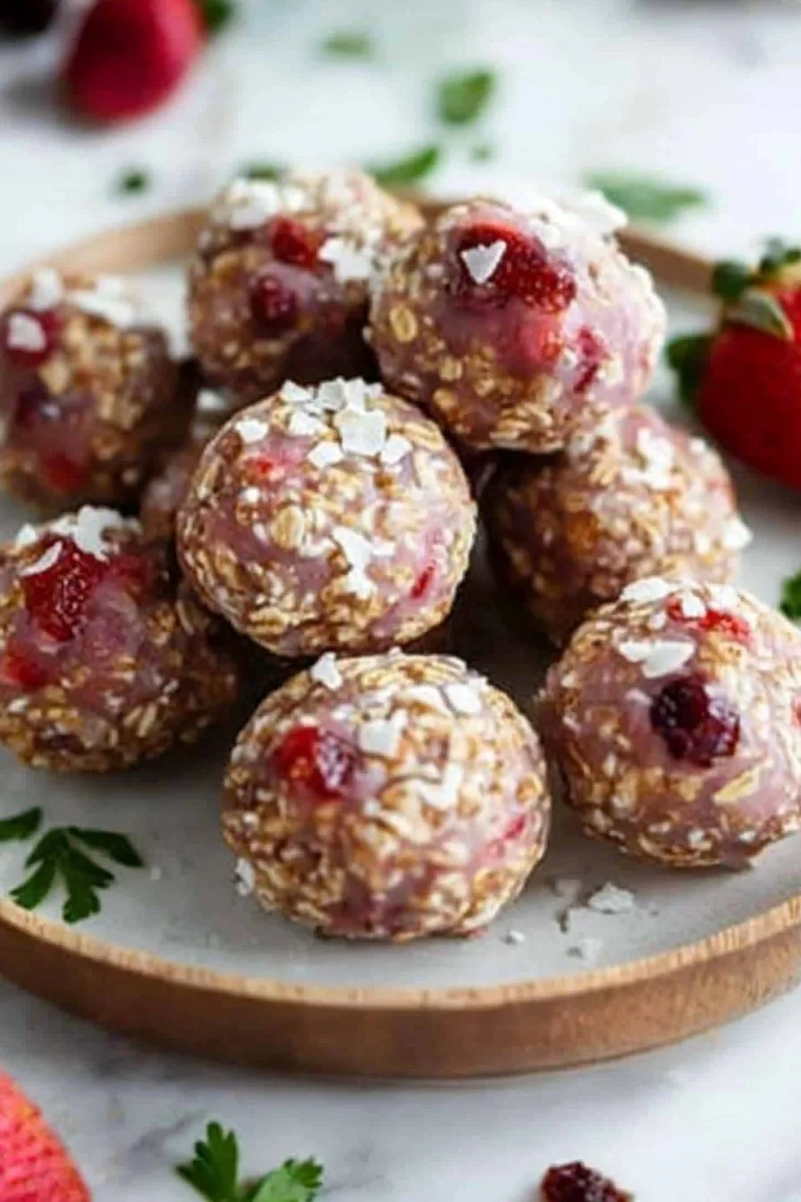 Strawberry cheesecake energy bites on a white plate with fresh strawberries