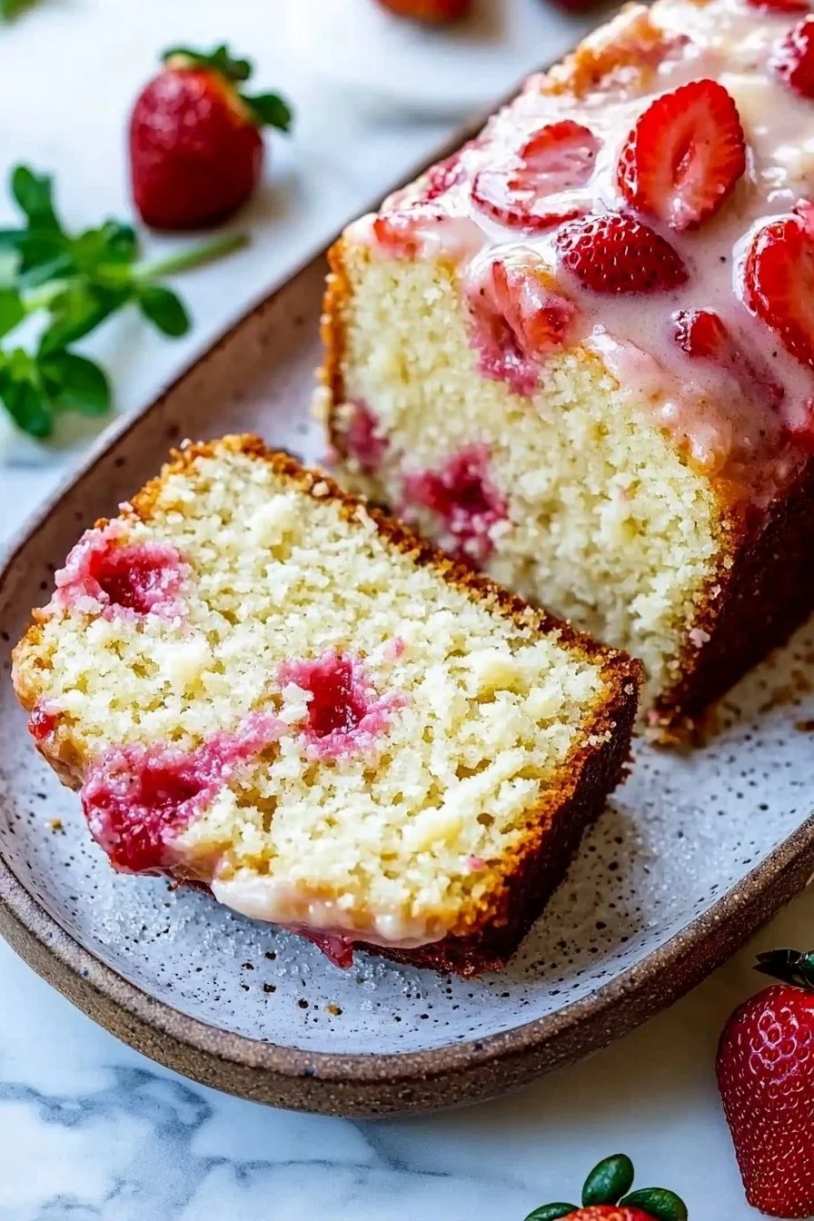 Delicious homemade strawberry pound cake topped with fresh strawberries