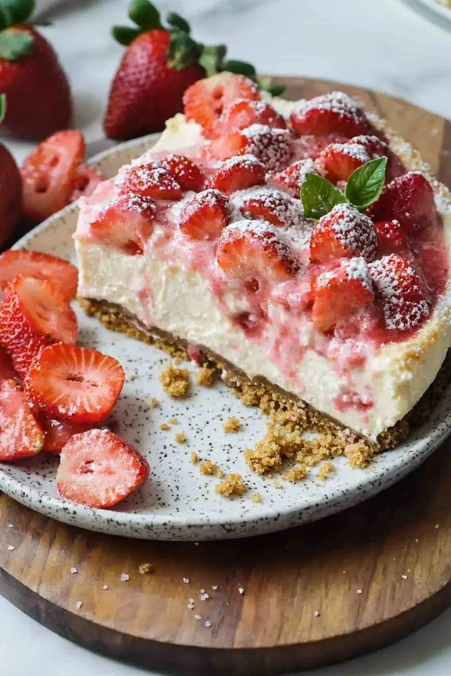 Strawberry shortcake cheesecake topped with fresh strawberries and whipped cream