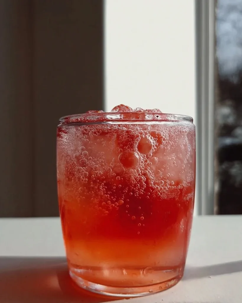 Refreshing strawberry soda in a glass with fresh strawberries