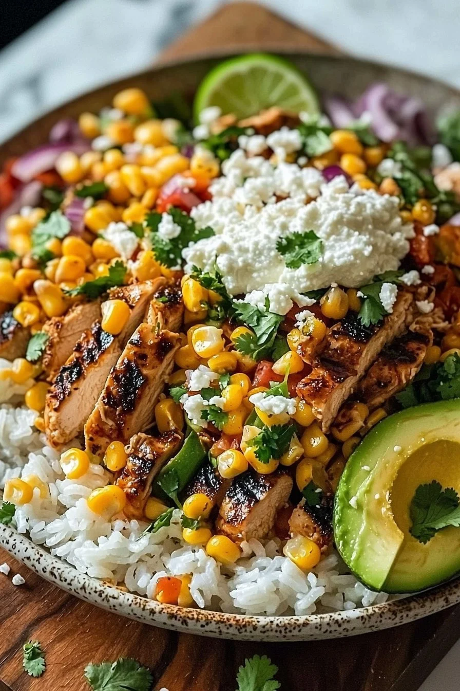 Delicious Street Corn Chicken Rice Bowl with grilled chicken and corn