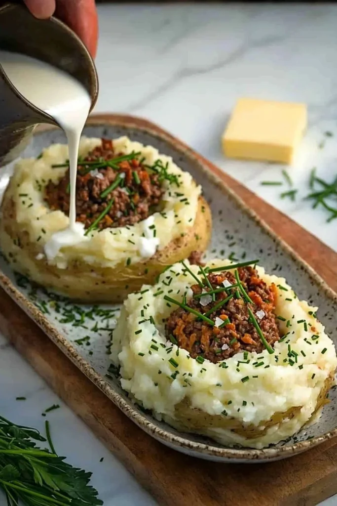 Stuffed mashed potato nests filled with savory ingredients and garnished.