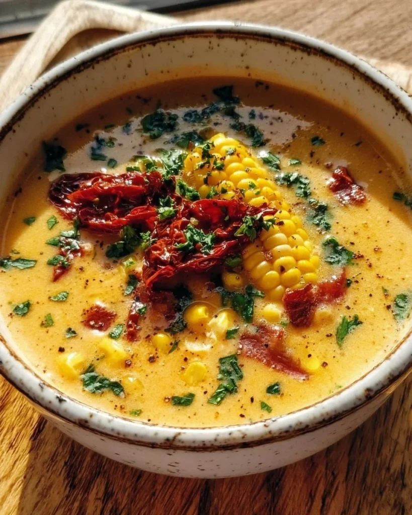 Bowl of sun-dried tomato corn chowder garnished with fresh herbs