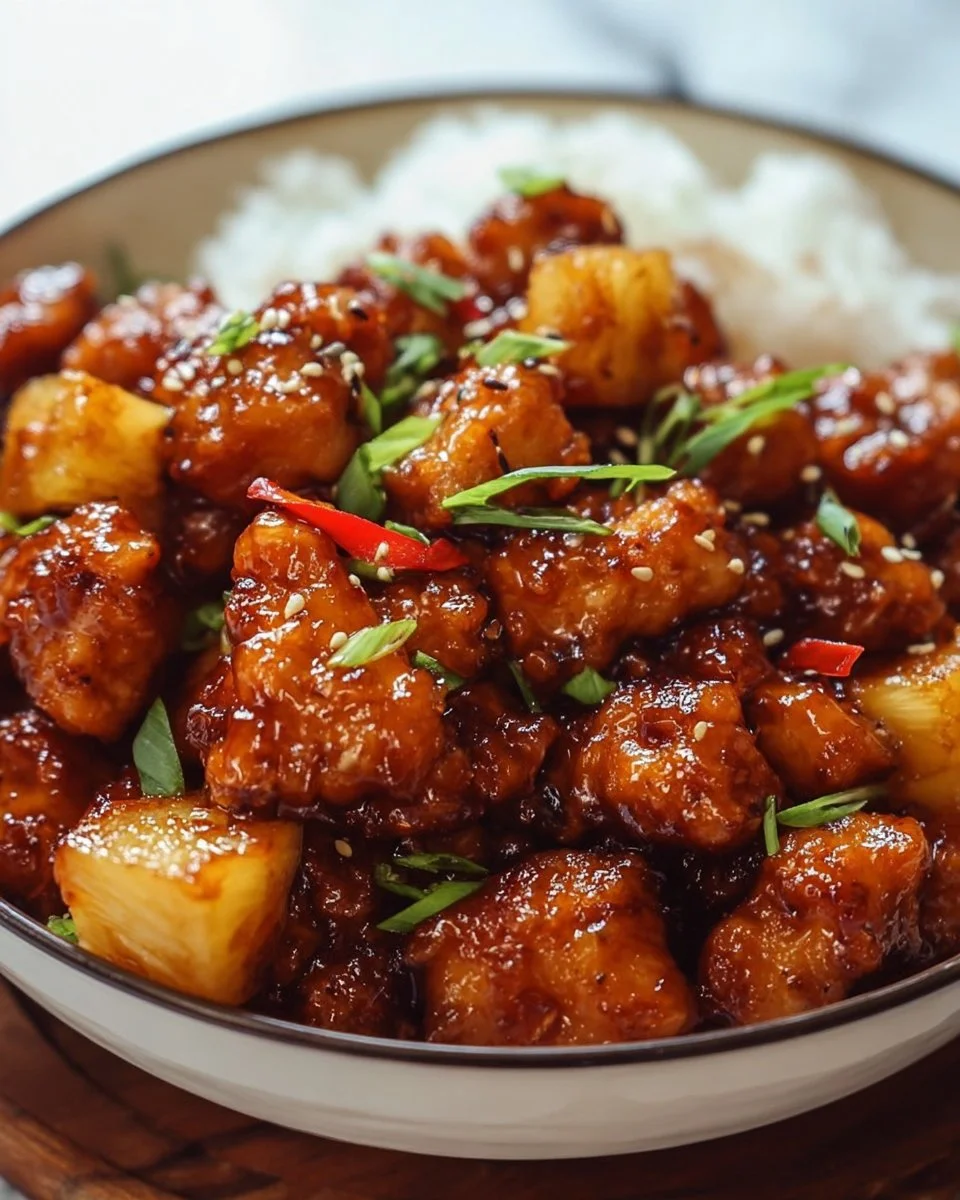 Sweet and sticky pineapple honey chicken on a plate garnished with green onions.