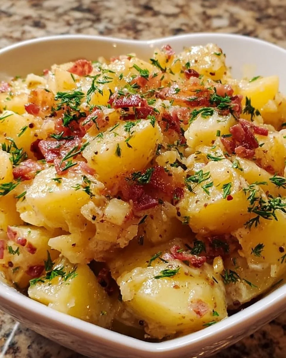 A bowl of tangy Amish German potato salad, a delicious side dish for any meal.