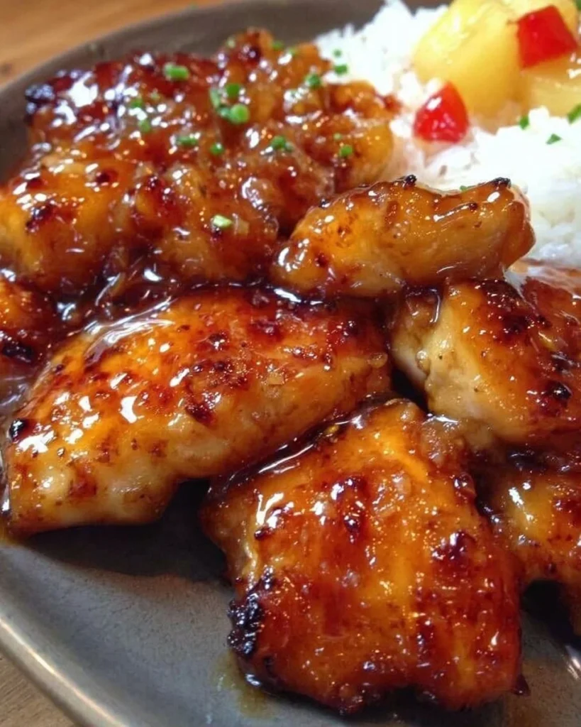 Delicious sweet Hawaiian chicken on a plate with vibrant garnish.
