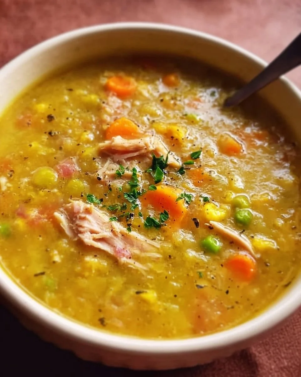 Bowl of tasty split pea and chicken soup garnished with herbs